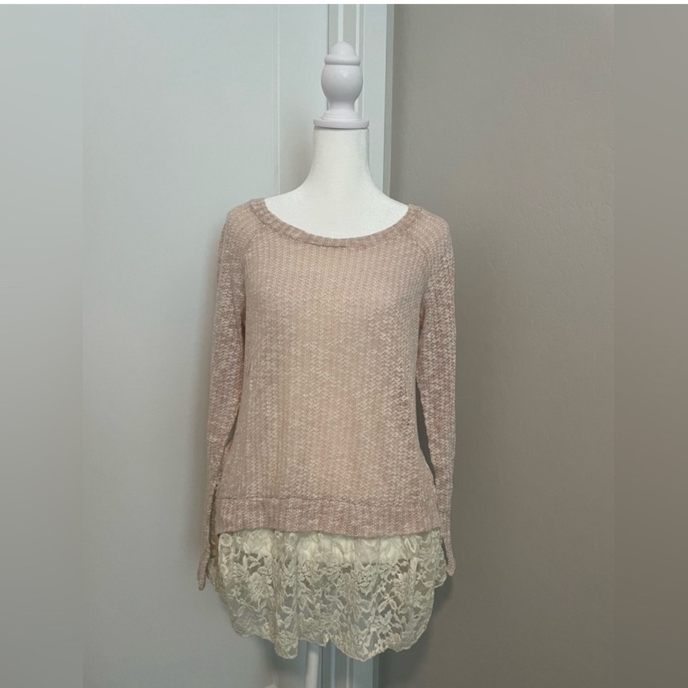 Pink Knit Sweater with Lace Hem
